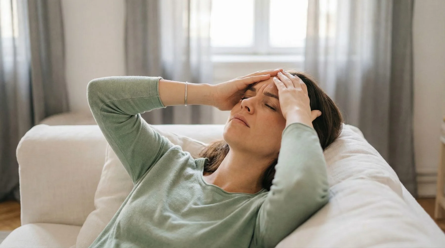 Femme assise sur un canapé, les mains sur le front, souffrant d’un mal de tête